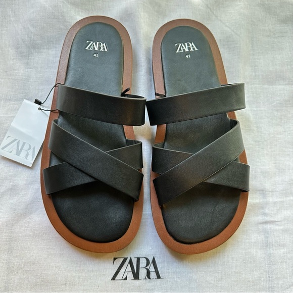 New Zara Minimal Flat Black Criss Cross Straps Sandals 3603/910 Size 10 - Picture 3 of 8
